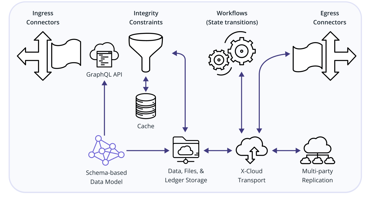 An illustration showing how Vendia's data model is used to generate data storage, file storage, APIs, data-model aware consens and replication layer.)