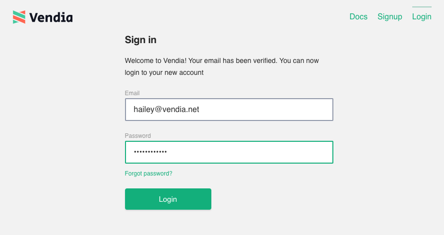 A screenshot showing Vendia Share's login UI