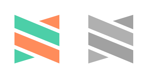A side-by-side comparison of the old Vendia logo in full color and greyscale illustrating there is no contrast at greyscale