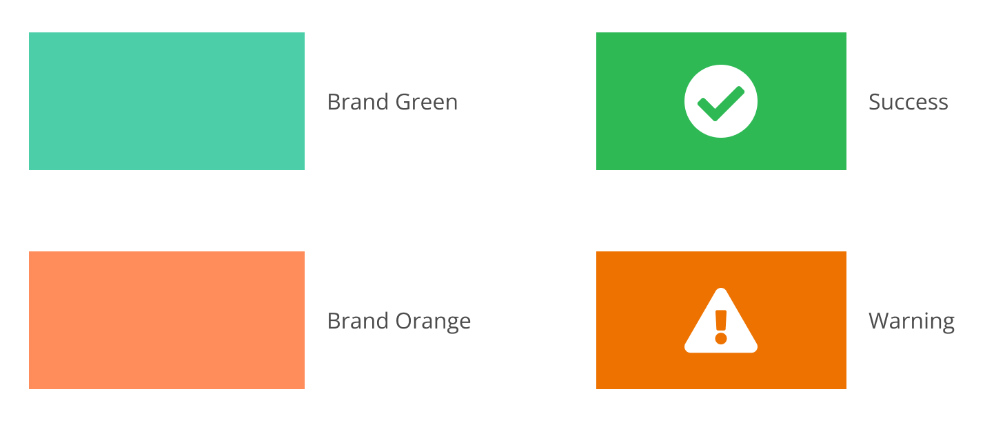 An illustration showing Vendia Green's affinity to a green success indicator marked with a checkmark inside a completion circle and Vendia Orange's affinity to an orange alert indicator marked with a checkmark inside a warning triangle