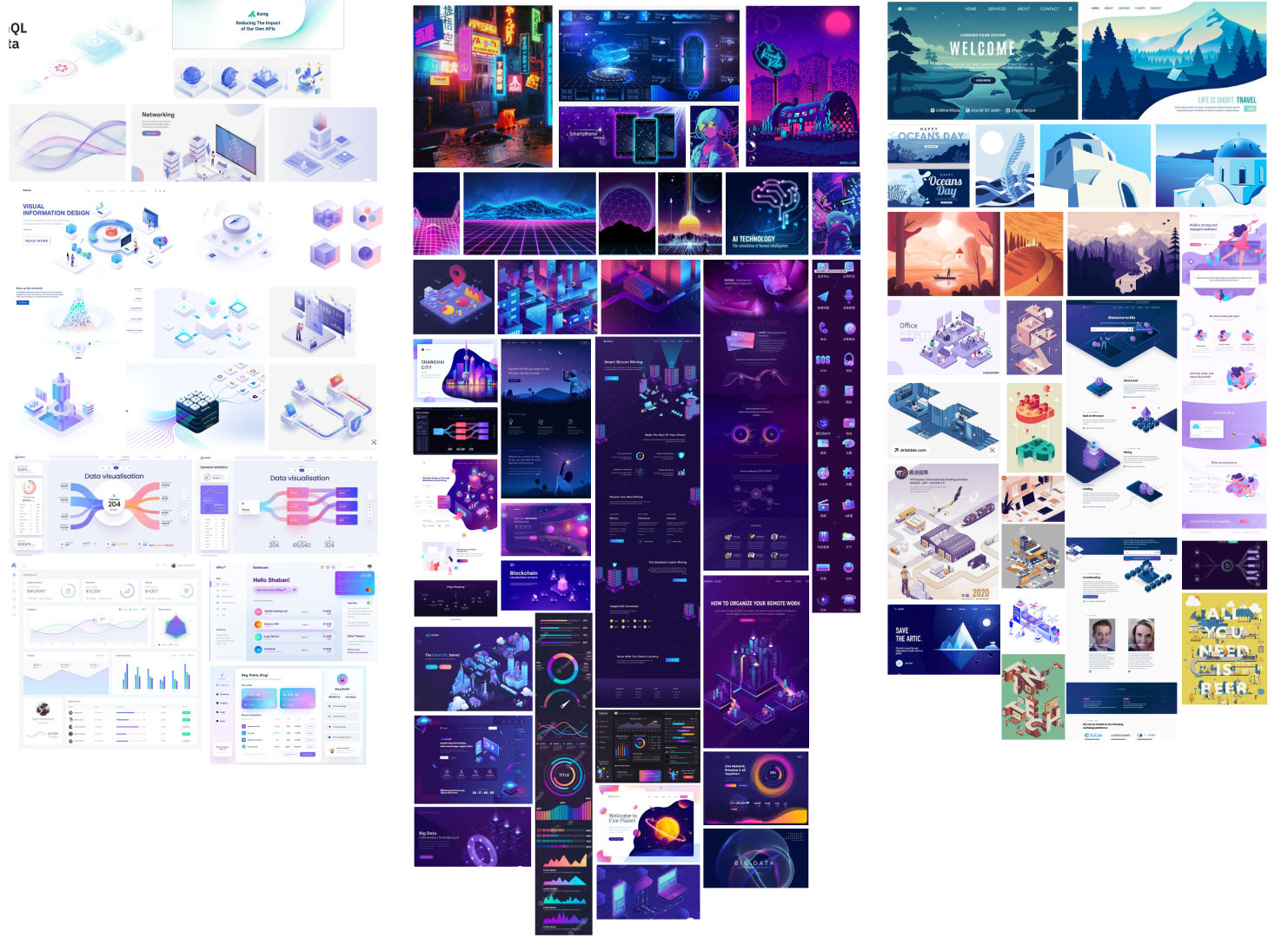 Three moodboards showing the Fluffy Cloud, Neon, and Monochromatic brand design concepts