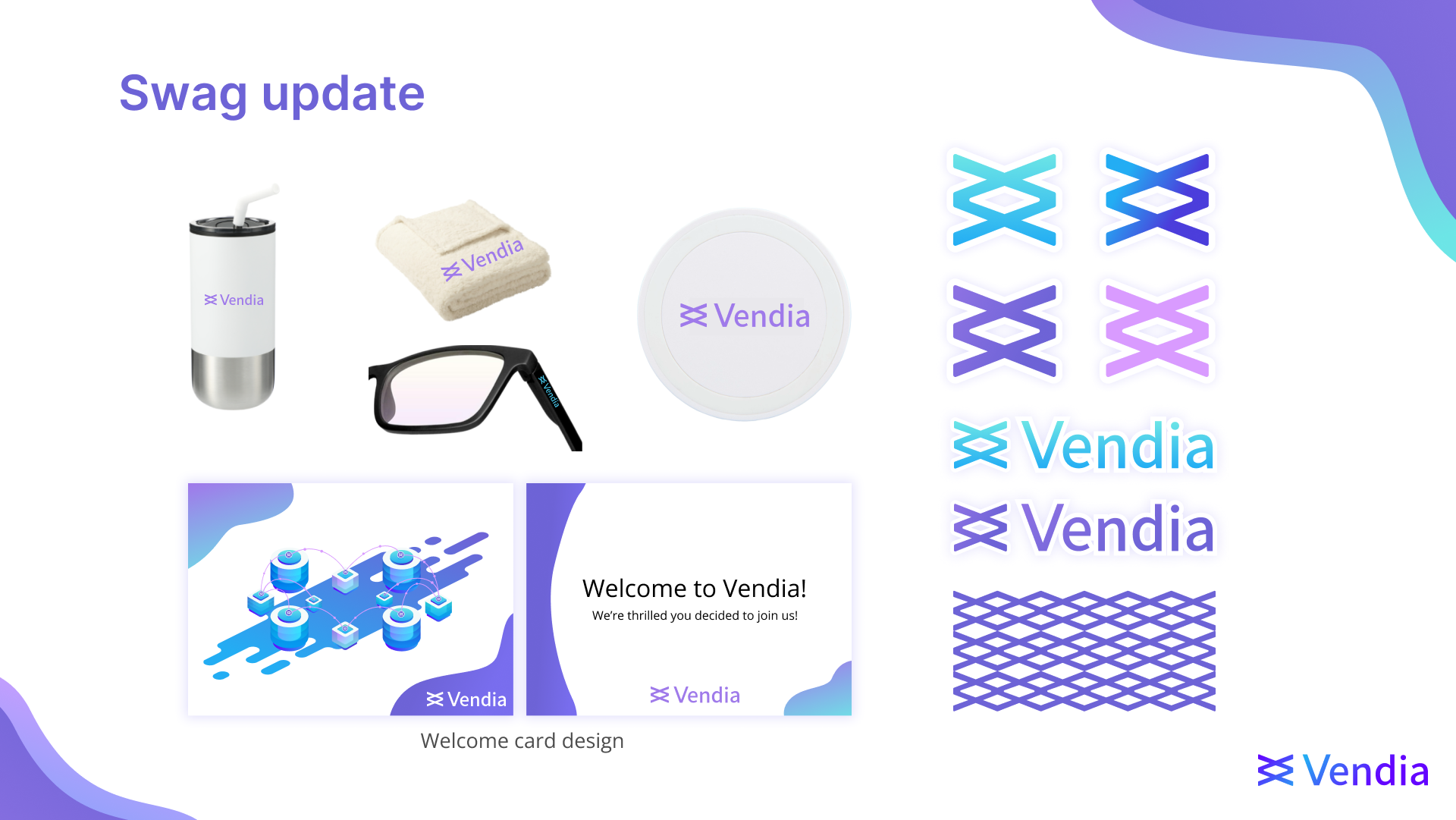 Swag such as a travel mug, frisbee, sunglasses, and stationery featuring the new Vendia logo