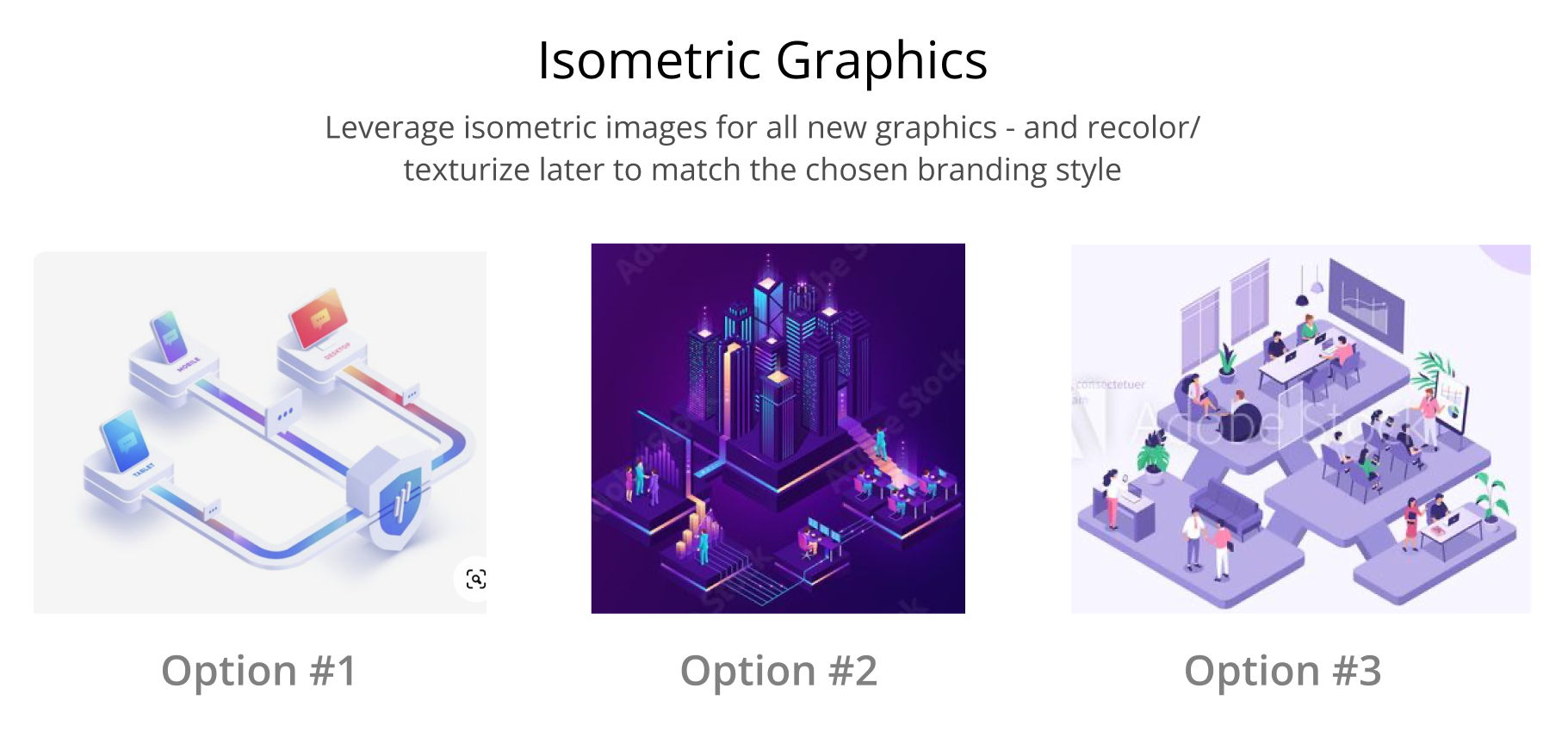 Three sets of isometric graphics illustrating new brand design color stories