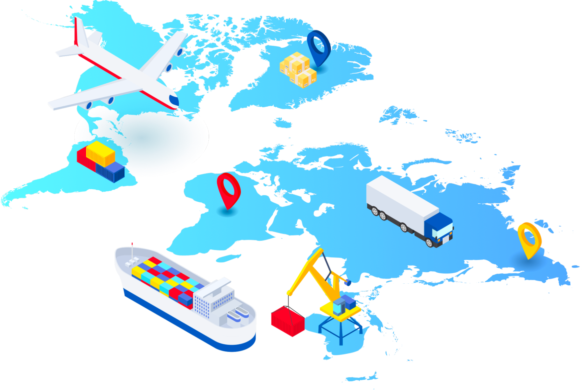 A flat map of the world with misc. supply chain partner locations marked with pins and infrastructural elements like an airplane, shipping containers in port, trucks, and tanker boats