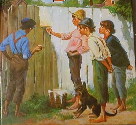 An open source, vintage illustration showing the famous fence painting scene in Mark Twain's novel, The Adventures of Tom Sawyer